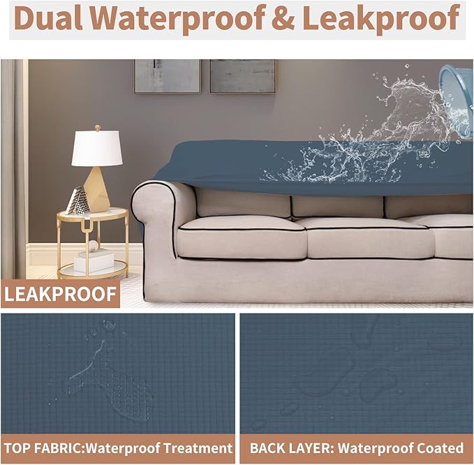 Easy-Going 100% Waterproof Loveseat Couch Cover, Dual Waterproof Sofa Cover, Stretch Jacquard Sofa Slipcover, Leakproof Furniture Protector for Kids, Pets, Dog and Cat (Loveseat, Bluestone)