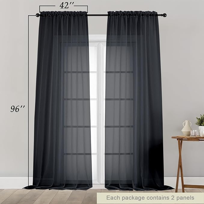 Black Sheer Curtains for Bedroom Living Room 96 Inches Long 2 Panels, Modern Airy Soft Lightweight Rod Pocket Light Filtering Sheer Curtains Drapes, Black, Each 42" Wx96 L Inch