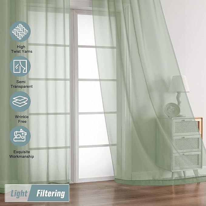 Sage Green Sheer Curtains 63 Inch Length 2 Panels, Voile Sheer Curtain for Living Room, Breathable Light Filtering Window Treatments, Soft Fabric Dual Rod Pocket Drapes, 2x42Wx63L Inches