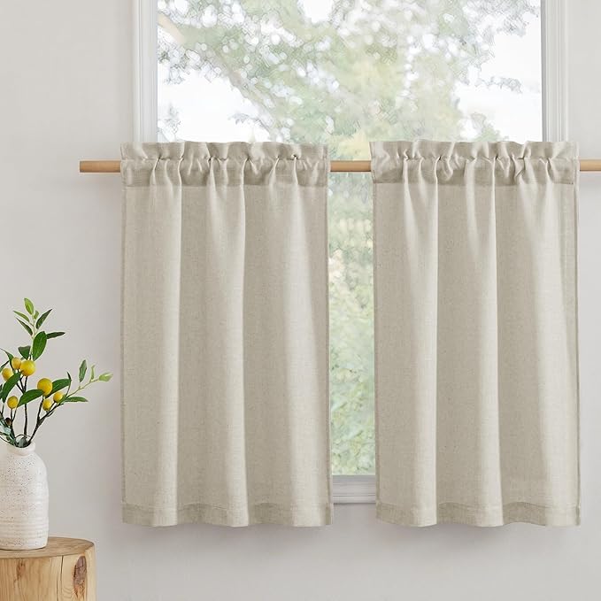 RYB HOME Bathroom Curtains Over Sink 36 inches Length, Linen Blend Semi Sheer Light Filtering Tiers for Camper Kithen Cafe, Small Curtains for Door Window, W 26 x L36, Angora, 2 Panels Set