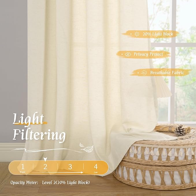LAMIT Linen Curtains 72 inches Long for Living Room, Soft Thick Linen Privacy Light Filtering Rod Pocket Window Treatments Neutral Drapes for Bedroom, 2 Panels Set, 52 x 72 Inch, Light Beige