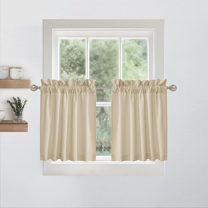 RYB HOME Cafe Curtains 24 inches Length, Short Kitchen Valances and Curtain Set, Thick Faux Linen Blended Privacy Protect Topper for Bedroom Bathroom, 2 Panels, Rod Pocket, Camel, W 26 x L 24 inch