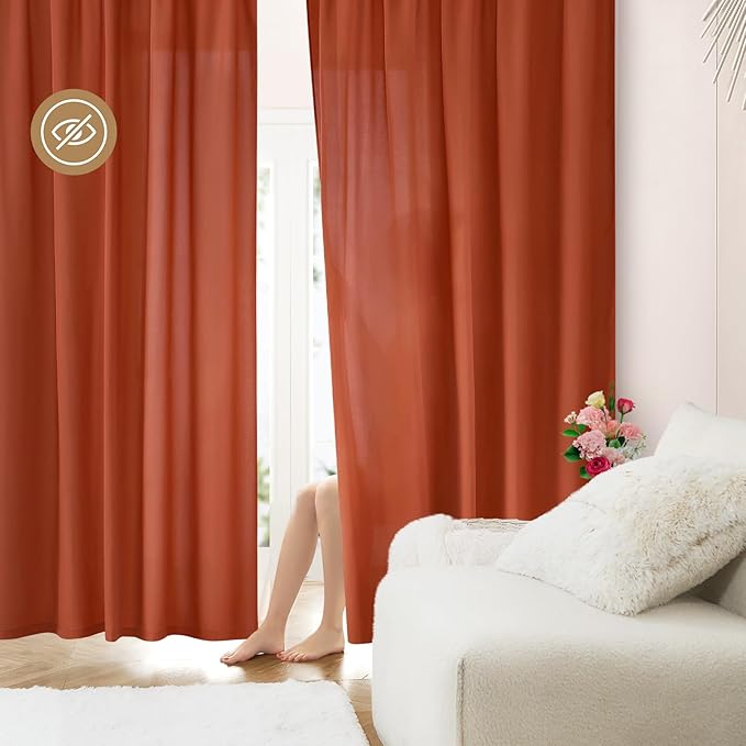 HOMEIDEAS Non-See-Through Fall Burnt Orange Privacy Sheer Curtains, 52 X 63 Inches Long 2 Panels Sheer Curtains Light Filtering Window Drapes for Bedroom Living Room