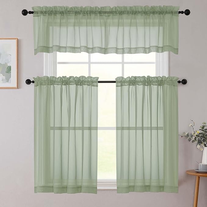 Cafe Curtains 36 Inch Length Tier 2 Pieces, Modern Soft Airy Sheer Kitchen Short Curtains for Small Window, Rod Pocket Small Curtain for Bathroom Basement, Sage Green, Each, 42"Wx36"L Inches