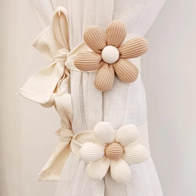 SRG 4PCS Curtain Tiebacks | Boho Flower Curtain Holdbacks | Simple Elegant Sunflower Curtain Holders | Boho Bedroom Decor（2Pcs Cream&2Pcs Khaki）
