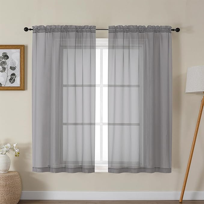 Gwine Charcoal Grey Sheer Curtains for Living Room 45 inches Long, Short Voile Light Filtering Window Treatments Sheer Curtains for Bedroom, Half Window Drapes with Rod Pocket, Each 42" Wx45 L