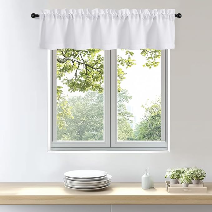 OWENIE Bob 1 PCS White Valances for Windows, Faux Linen Textured Kitchen Window Curtains Valance for Bedroom Living Room, Modern Soft Airy Solid Rod Pocket Bathroom Cafe Curtain, 60Wx12L Inch
