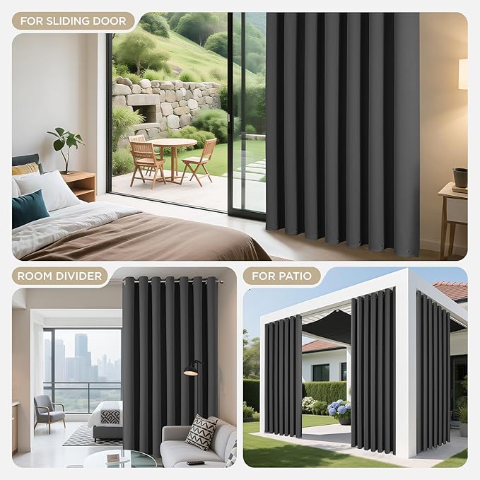 Joydeco Blackout Patio Sliding Door Curtains 108 Inches Long, Grommet Privacy Room Divider Curtains, Extra Wide Thermal Blackout Drapes for Bedroom Living Room (Grey, 60Wx108L, 1 Panel)