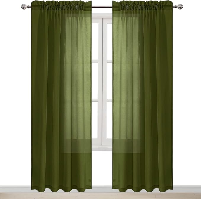 DWCN Olive Green Sheer Curtains Semi Transparent Voile Rod Pocket Curtains for Bedroom and Living Room, 52 x 84 inches Long, Set of 2 Panels