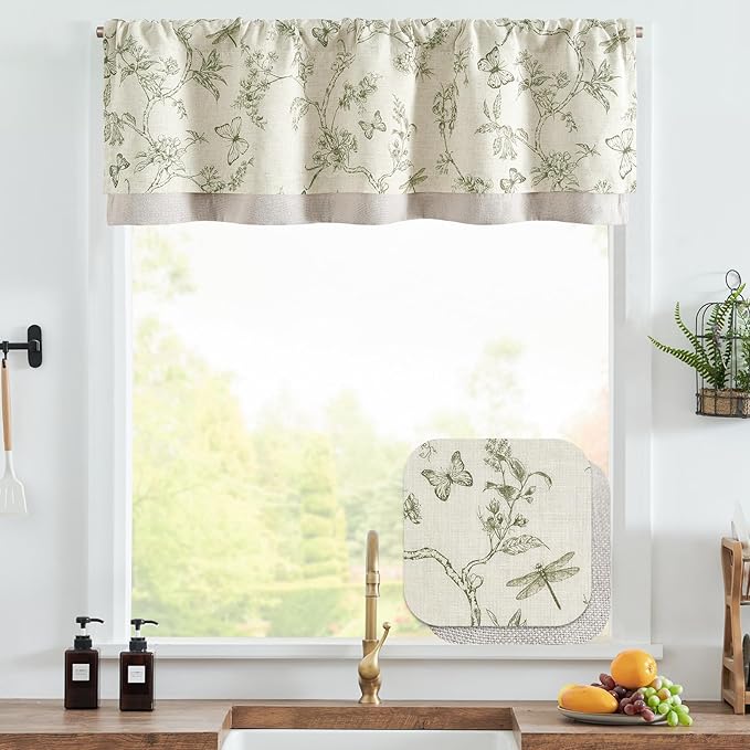 jinchan Floral Curtain Valance for Windows 16 Inch Linen Valance for Kitchen Living Room Rustic Cottage Farmhouse Flower Butterfly Curtain Rod Pocket 1 Panel Double Layer Blackout Green on Beige