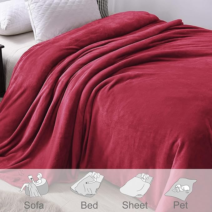 Exclusivo Mezcla Fleece Blankets Queen Size for Bed, Super Soft and Warm, All Season, Cozy, Plush, Lightweight, 90x90 Inches, Deep Red