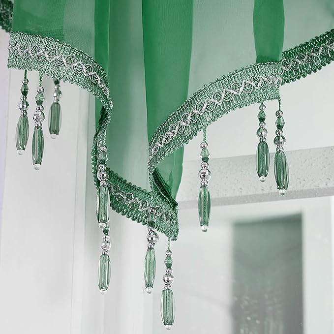 Molaxhome Swag Curtain 51 inch Length Rod Pocket Scalloped Curtain Valance Sheer Lace Panels with Hanging Crystal Beads for Kitchen Bedroom Window Treatments Drape Decor 1pc (DarkGreen, 51Wx23L)