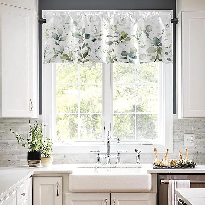 Emvency 4 Pack Valances Window Treatments, Green Watercolor Eucalyptus Leaves Blackout Adjustable for Living Room Bathroom Bedroom Kitchen Over Sink, 52x18 Inch Rod Pocket Valances