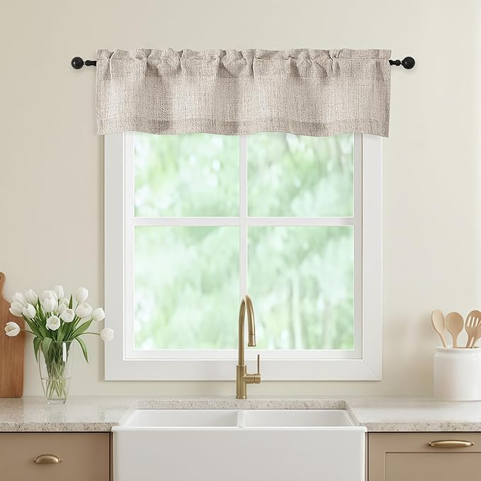 Valances for Windows, Light Filtering Faux Linen Textured Small Short Valance Curtains for Bathroom Basement Farmhouse, Rod Pocket Top Half Curtains for Windows, Linen 52Wx12L Inch