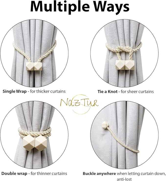 NazTur Magnetic Curtain Tiebacks- Upgrade 2022 with a Thicker Twist Rope and Strong Magnet Tieback Window Treatment Holdbacks Draperies Holders Decorative Drape Handmade Curtain Tie Back (Beige, 2)