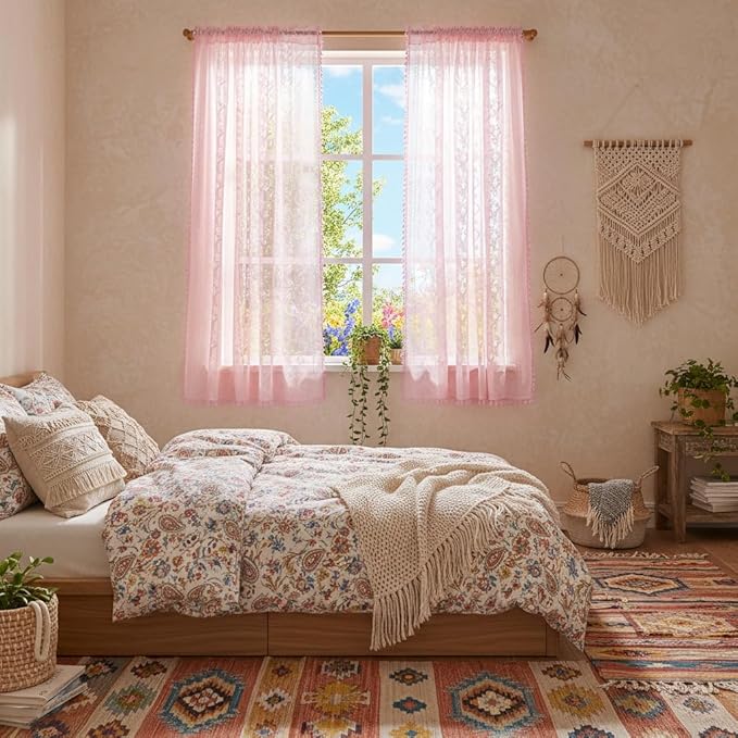 WAZZIO Boho Lace Curtains 63 Inch 2 Panels -Sheer Panel Drape Floral Pattern & Tassel Light Filtering Privacy for Bedroom Dining Living Room,Princess Pink Girl Bedroom Decor,Pale Pink,W52 x 63L