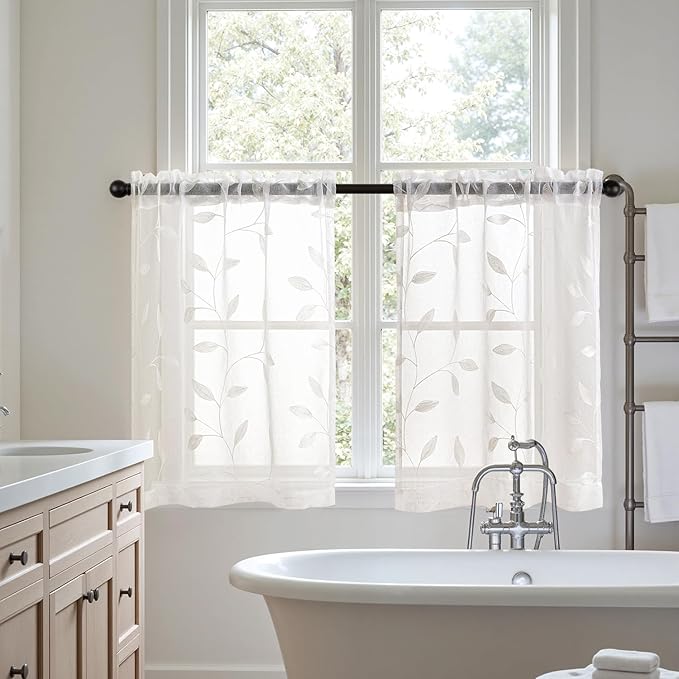 MIULEE White Sheer Curtains 2 Panels Embroidered Leaf Patterned Rod Pocket Floral Semi Sheer Faux Linen Short Window Curtains Drapes Set for Kitchen Bathroom Cafe, 30x30 Inches Length