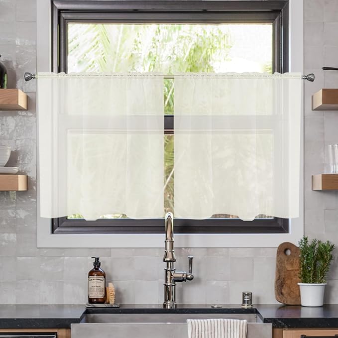 youleyar Solid Sheer Rod Pocket Curtain Voile Draperies 2 Panels White Beige Black Ivory Coffee 26 Inch Width 30 Inch Long 1 Pair for Kitchen Bedroom Children Living Room Yard(Ivory,26Wｘ30L)