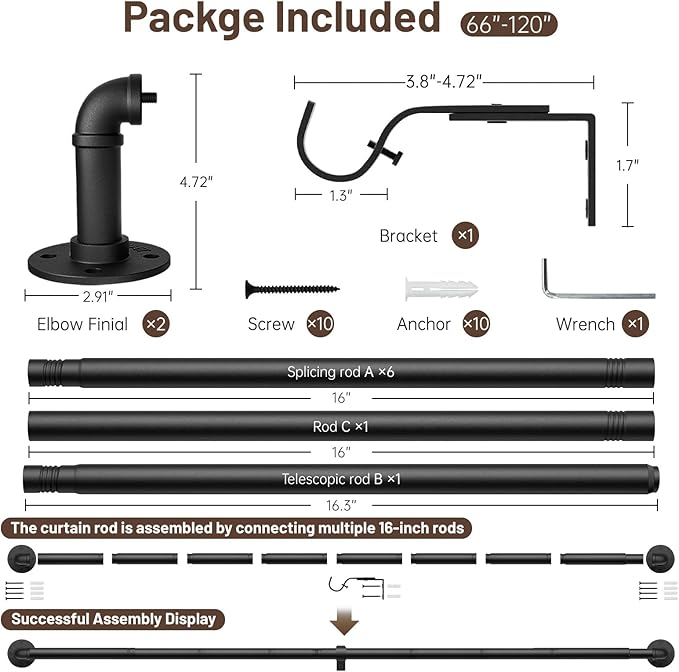 Zeerobee Curtain Rods for Windows 66 to 120, 1 Inch Industrial Wrap Around Black Curtain Rod, Indoor/Outdoor Room Divider Adjustable Drapery Pole, 66"-120"