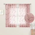 HOMEIDEAS Blush Pink Sheer Kitchen Curtains 52 x 45 Inch Length 2 Panels Embroidered Leaf Pattern Short Curtains for Bedroom Half Small Bathroom Window Rod Pocket Tiers