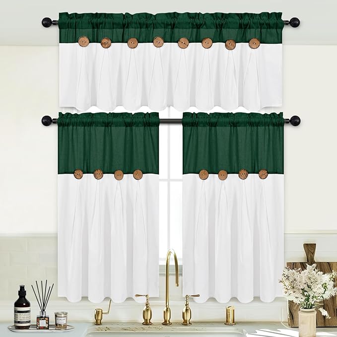 FRAMICS Boho Kitchen Curtains 36 Inch Length, Farmhouse Cotton Linen Tier Curtains, Rustic Button Short Curtain for Windows, Rod Pocket Small Window Curtain, Green and White, 26x36