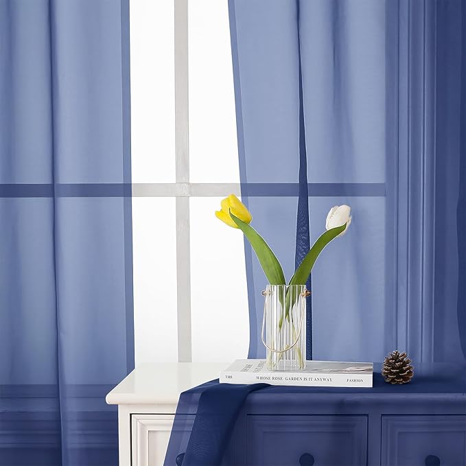 Lecloud Royal Blue Sheer Curtains 54 Inch Length 2 Panels, Voile Light Filtering Curtains with Rod Pocket, Transparent Tulle Window Treatments for Bedroom Laundry, Each Panel 42 X 54 Inch