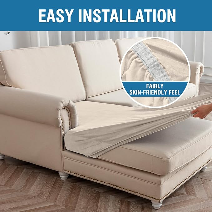 Couch Cover Velvet Chaise Cushion Cover for Sectional Sofas - Elastic L-Shaped Sofa Seat Covers Washable, Slipcover Protector (1-Piece, Cream)