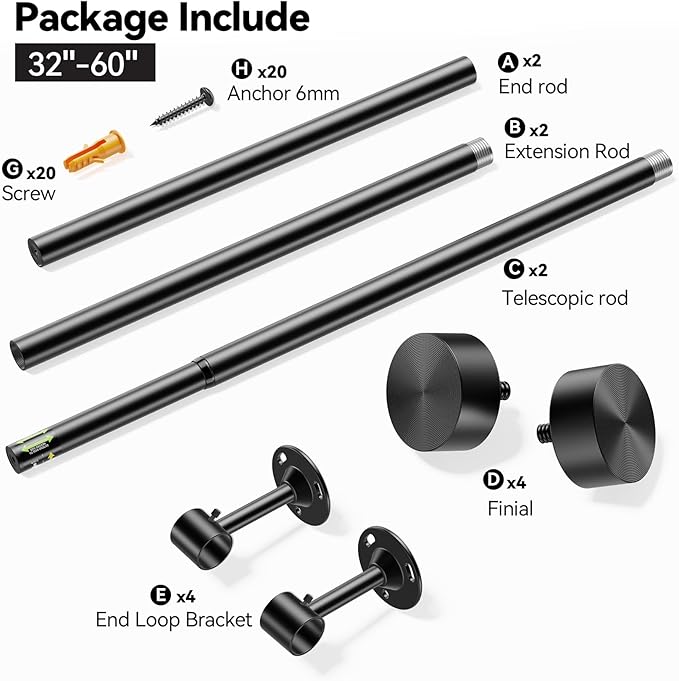 YaFex 2 Pack Heavy Duty Curtain Rods 32-60 Inch, 1 Inch Black Adjustable Curtain Rod for Windows, Short Window Treatment Rods Set with Aluminium Finials, Modern Design