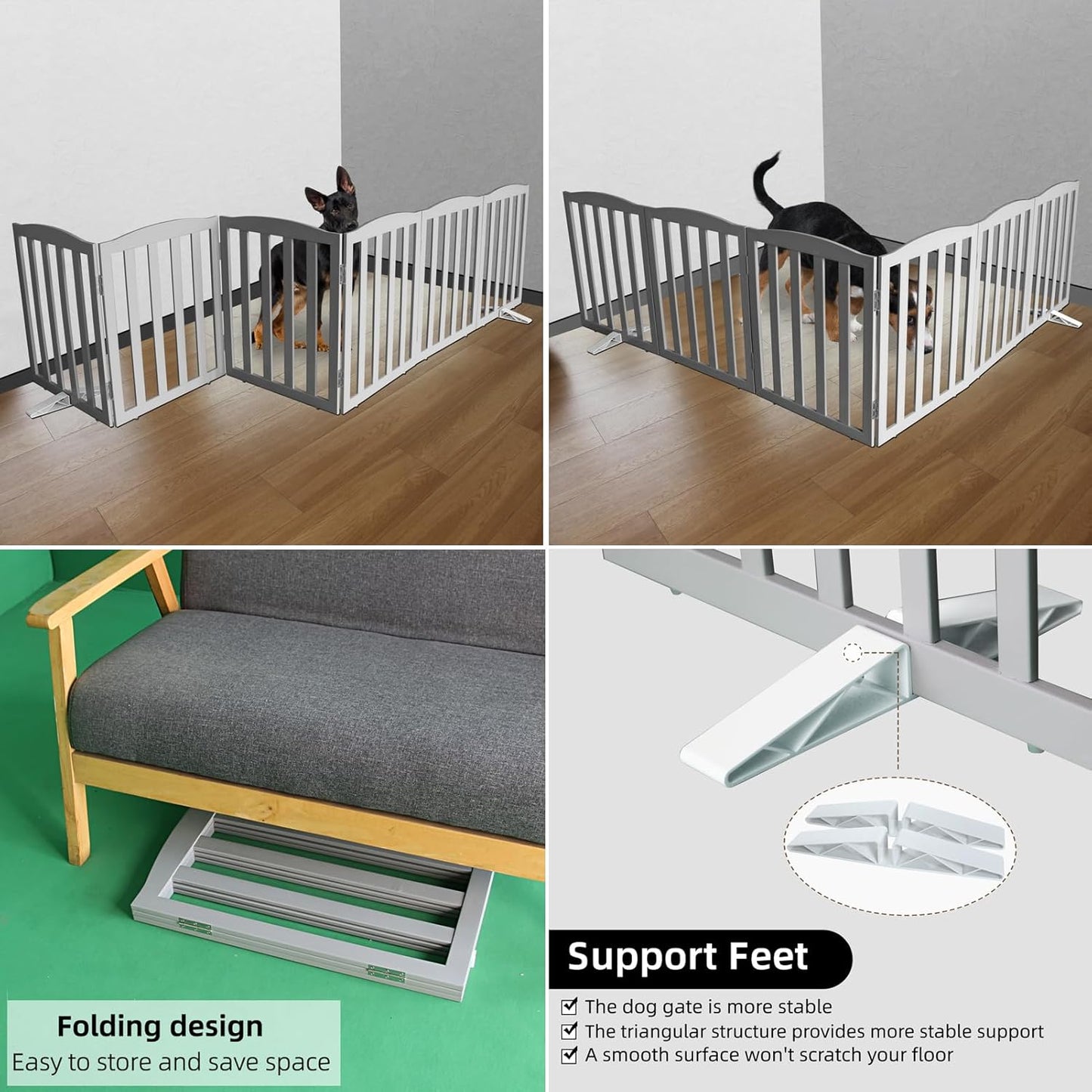 ZJSF Foldable Freestanding Indoor Dog Gate for House Wood Long Pet Gates Dog Fence for Stairs Puppy Gates for Hallways, Puppy Gate,Support Feet Included, Grey, 24 "Height-6 Panels