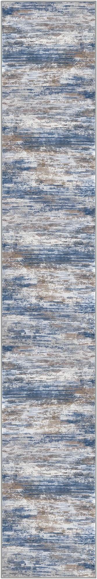 KOZYFLY Modern Abstract Washable Rug Runner 2.6x16 Hallway Rug Runner Non-Slip Soft Kitchen Runner Rugs, Blue Rust Striped Carpet for Stair Entryway Bathroom Laundry Room Foyer