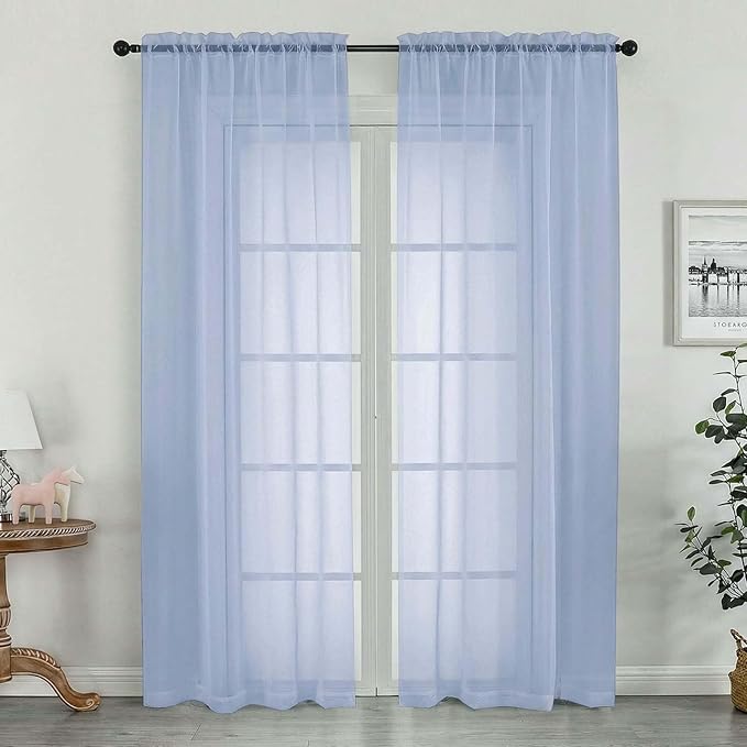 OWENIE Sheer Curtains 72 Inches Long 2 Panels Set, Modern Light Filtering Sheer Curtain Rod Pocket Clear Drapes for Window Sliding Door, Demin, 2 Pcs Each 42 x 72 Inch