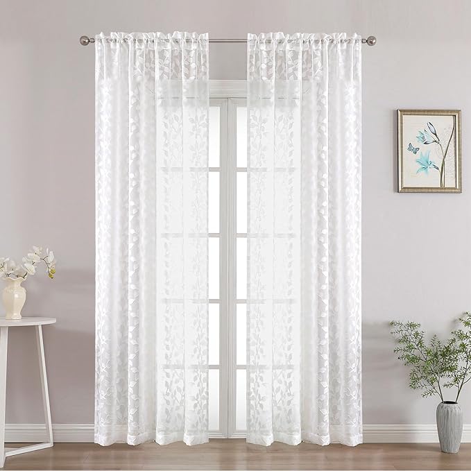 Chyhomenyc White Sheer Curtains 84 Inch Length 2 Panels Set, Light Filtering Tufted Textured Soft Airy Rod Pocket Gentle Leaf Window Treatment Drapes for Bedroom Living Room, 42" Wx84 L, 2PCS