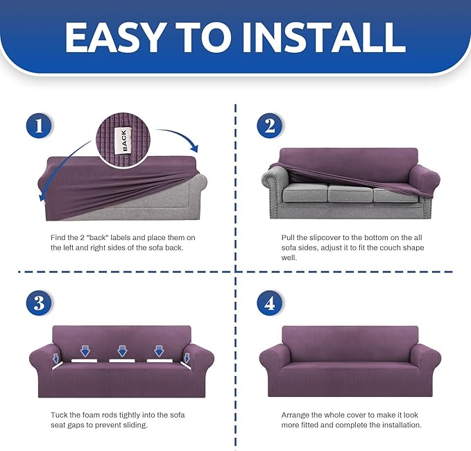 KEKUOU Stretch Loveseat Sofa Cover Slipcover,Couch Covers for 2 Cushion Couch Sofa (55"-78") Furniture Protector Sofa with Elastic Bottom for Kids,Dog. Jacquard Small Checked (Medium,Dark Purple)