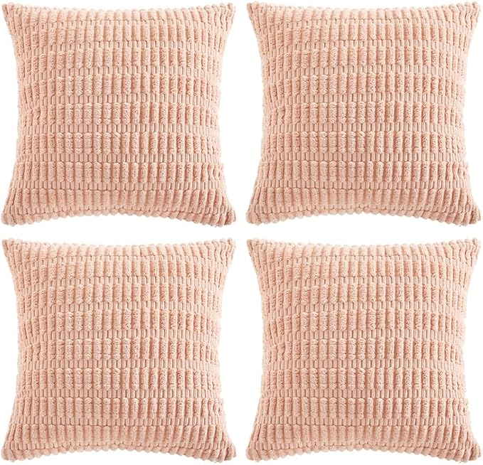 Fancy Homi 4 Packs Boho Pink Decorative Throw Pillow Covers 18x18 Inch for Living Room Couch Bed Sofa, Rustic Modern Farmhouse Home Decor, Soft Plush Corduroy Cute Square Cushion Case 45x45 cm