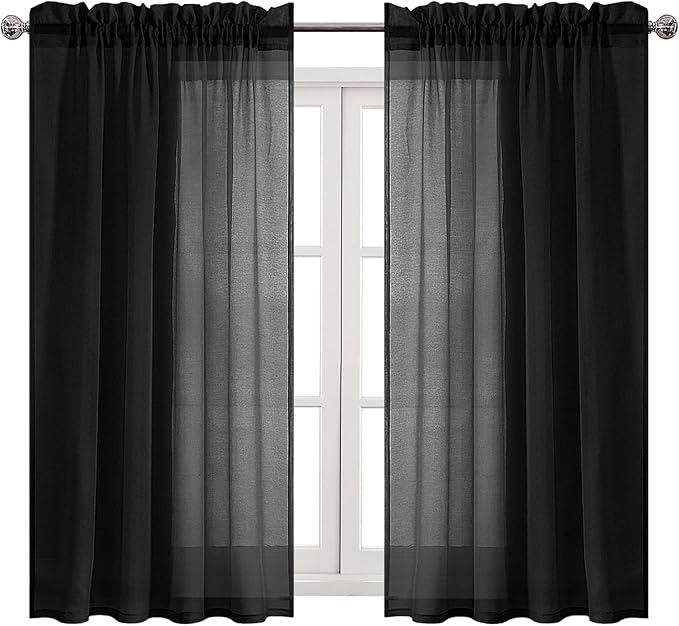 DWCN Black Sheer Curtains Semi Transparent Voile Rod Pocket Curtains for Bedroom and Living Room, 52 x 54 inches Long, Set of 2 Panels
