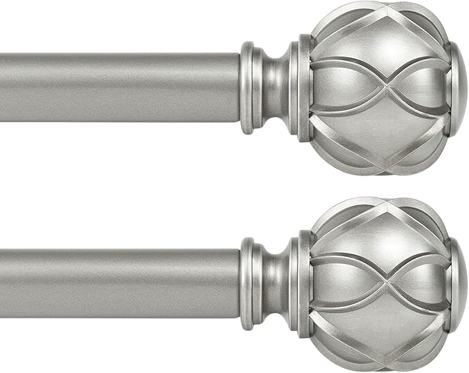 KAMANINA 1 Inch Curtain Rod Telescoping Single Drapery Rod 28 to 48 Inches (2.3-4 Feet), 2 Pack Antique Silver Curtain Rods for Windows 16 to 44 Inches, Netted Texture Finials