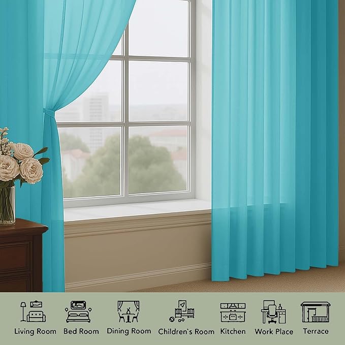 OWENIE Sheer Turquoise Curtains, Sheer Curtains 63 inch Length 2 Panels Set, Rod Pocket Voile Fimly Sheer Drapes for Living Room Bedroom, 2pcs, Turquoise, Each 59" W x 63" L