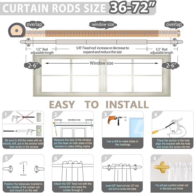TVWOO Gold Wrap Around Curtain Rods:5/8" Small Blackout Adjustable Window Curtain Rod for Bedroom Kitchen Apartment Renter Friendly,Room Darkening Curved Drapery Rods Easy Install,Brass Golden 36-72"