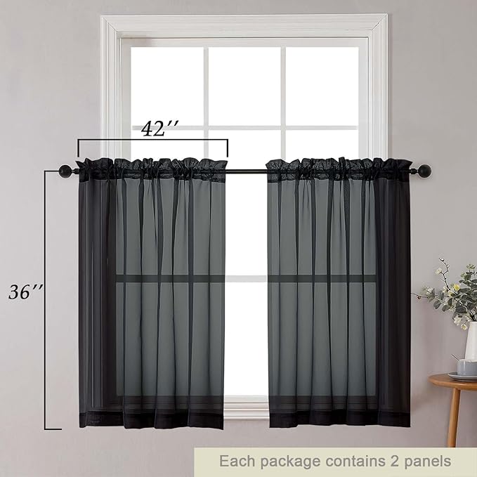 Cafe Curtains 36 Inch Length Tier 2 Pieces, Modern Soft Airy Sheer Kitchen Short Curtains for Small Window, Rod Pocket Small Curtain for Bathroom Basement, Black, Each, 42" Wx36 L Inches
