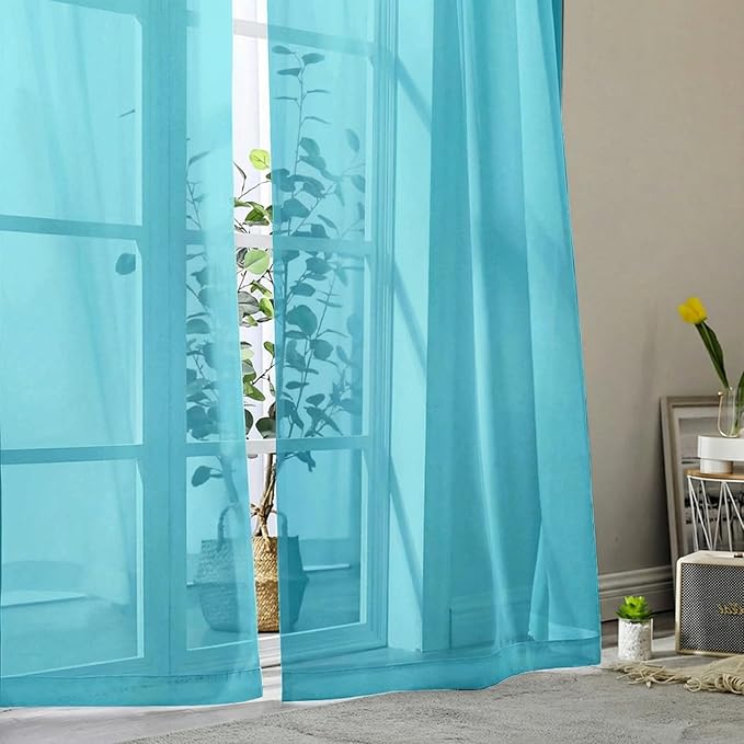 Sheer Curtains 63 Inch Length 2 Panels Set for Living Room Bedroom, Airy Soft Light Filtering Sheer Dining Room Curtains, Modern Rod Pocket Drapes, Aqua, Each 42" Wx63 L