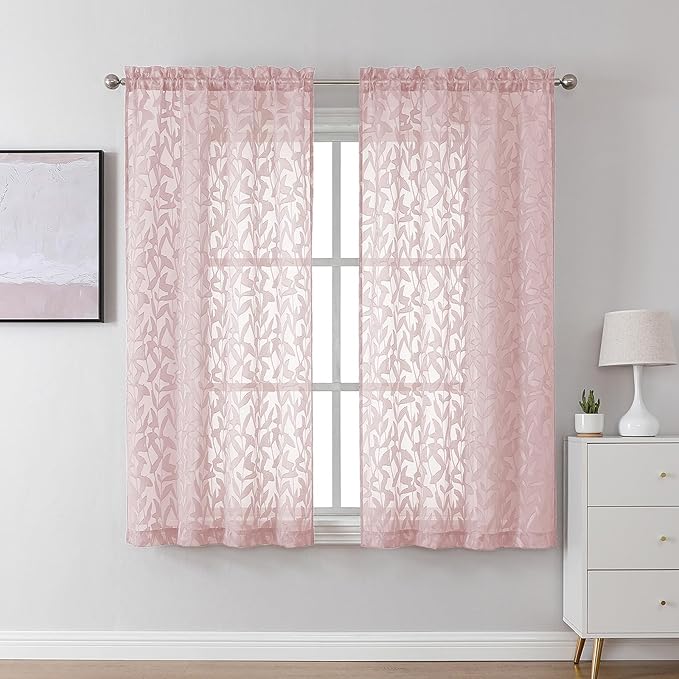 Lecloud Leia Blush Pink Sheer Curtains 45 Inch Length 2 Pcs, Rod Pockets Bedroom Curtains for Living Room Decor, Voile Light Filtering Jacquard Leaf Textured Drapes, Each Panel 28" W x 45" L