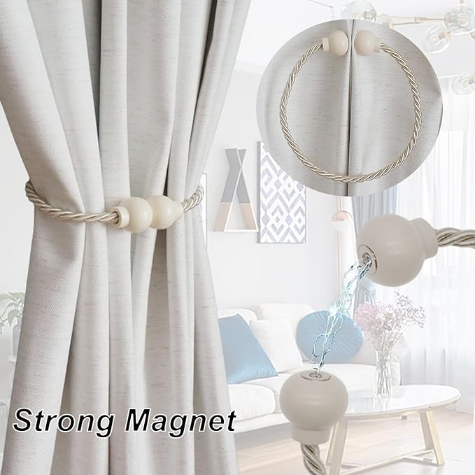 4 Pack Magnetic Curtain Tiebacks Modern Handmade Rope Curtain Tie Backs Decorative Drapes Weave Holdbacks for Home Outdoor Bedroom Office Decorative Curtain, Beige
