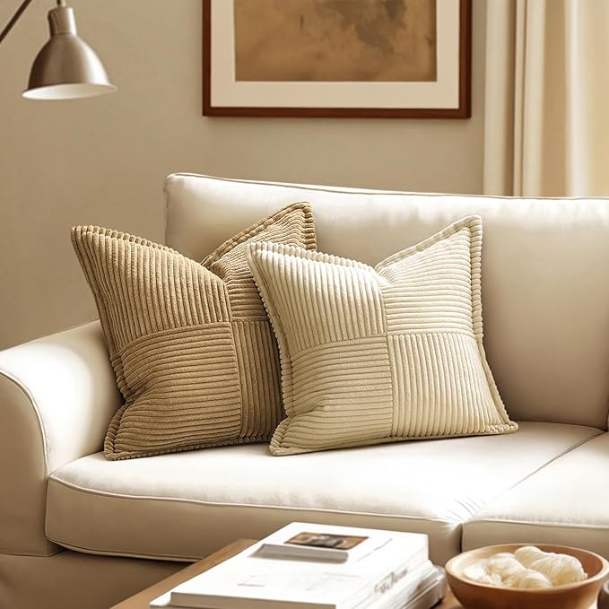 MIULEE Decorative Throw Pillow Covers for Couch Bed Livingroom 16x16 Inch Set of 2 Cream Boho Accent Throw Pllows Broadside Striped Patchwork Soft Corduroy Pillowcases