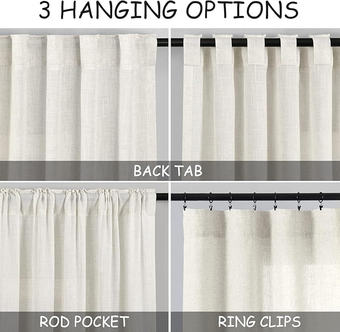 Nanspring Kitchen Curtains Sets for Windows 36 Inch Length Linen Blend Cream Small Cafe Curtains Semi Sheer Farmhouse Curtain Back Tab and Rod Pocket Drapes for Basement 25 x 36 Inch, 2 Panels