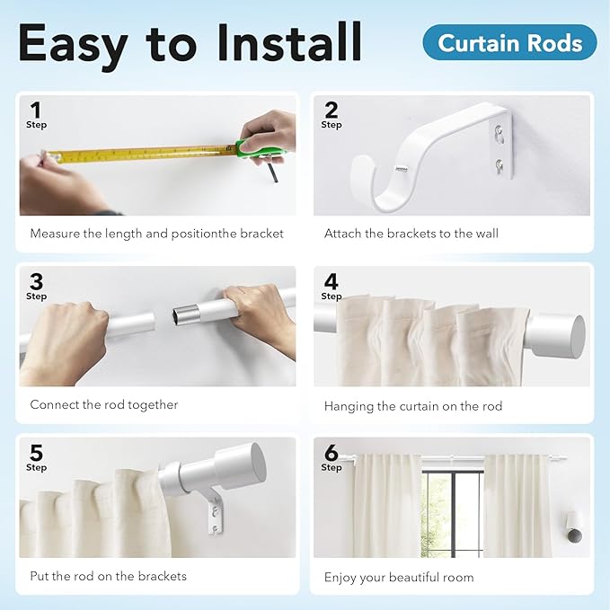 IFELS 2 Pack Heavy Duty Curtain Rods for Windows 72 to 144 Inch, 1 Inch White Curtain Rods Set of 2 Pack for Outdoor, Farmhouse, Bedroom, Adjustable Easy Install Curtain Rods (A2,White,30"-150"-2Pack)