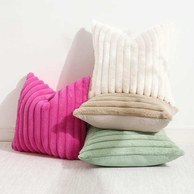 decorUhome Summer Cozy Faux Fur Throw Pillow Covers 16x16 Set of 2 Decorative Soft Plush Striped Modern Farmhouse Boho Couch Pillow Cases with Velvet Back for Sofa Bed Living Room, Hot Pink