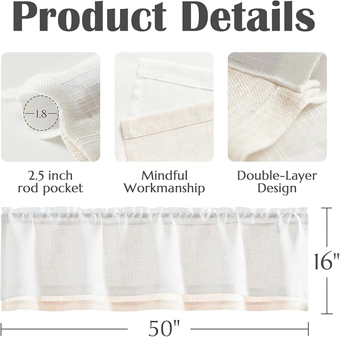 jinchan Linen Valance for Farmhouse Living Room Windows 16 Inch Slubbed Crossed Double Layer Window Valance Light Filtering Rustic Country Overlay Rod Pocket 1 Panel White
