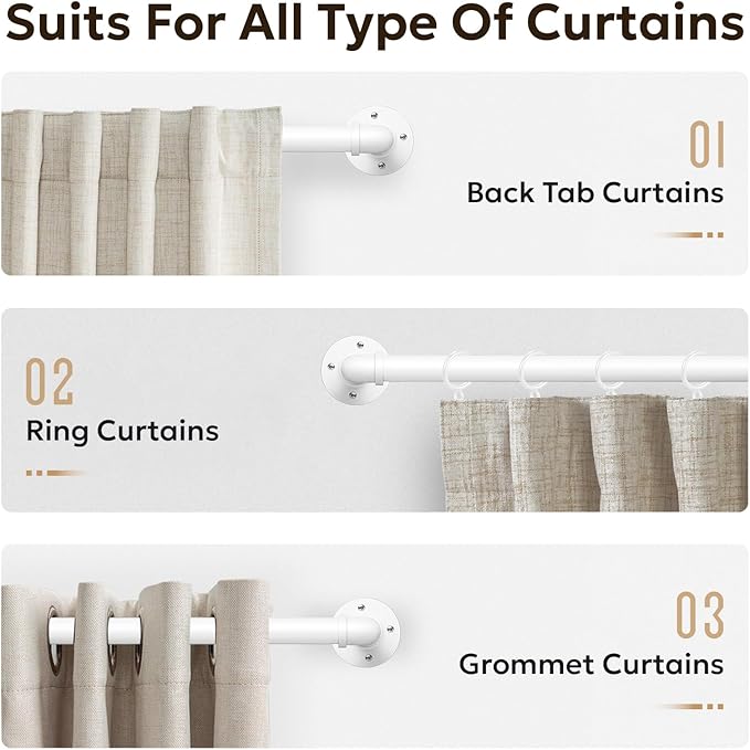 Zeerobee Curtain Rods for Windows 32 to 48, 1 Inch Industrial Wrap Around White Curtain Rod, Indoor/Outdoor Room Divider Adjustable Drapery Pole, 32"-48"
