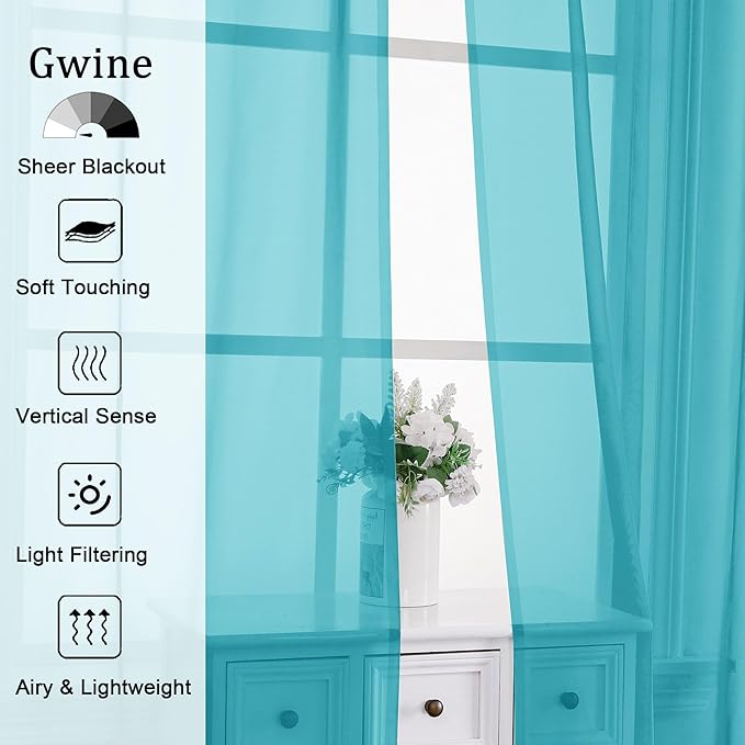 Gwine Turquoise Sheer Curtains 84 Inches Long 2 Panels Set for Living Room, Rod Pocket Voile Bedroom Curtains, Light Filtering Solid Window Sheer Panels, Each 42" Wx84 L