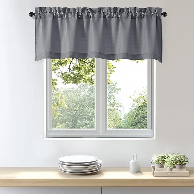 OWENIE Bob 1 PCS Dark Grey Valances for Windows, Faux Linen Textured Kitchen Window Curtains Valance for Bedroom Living Room, Modern Soft Airy Solid Rod Pocket Bathroom Cafe Curtain, 60Wx22L Inch